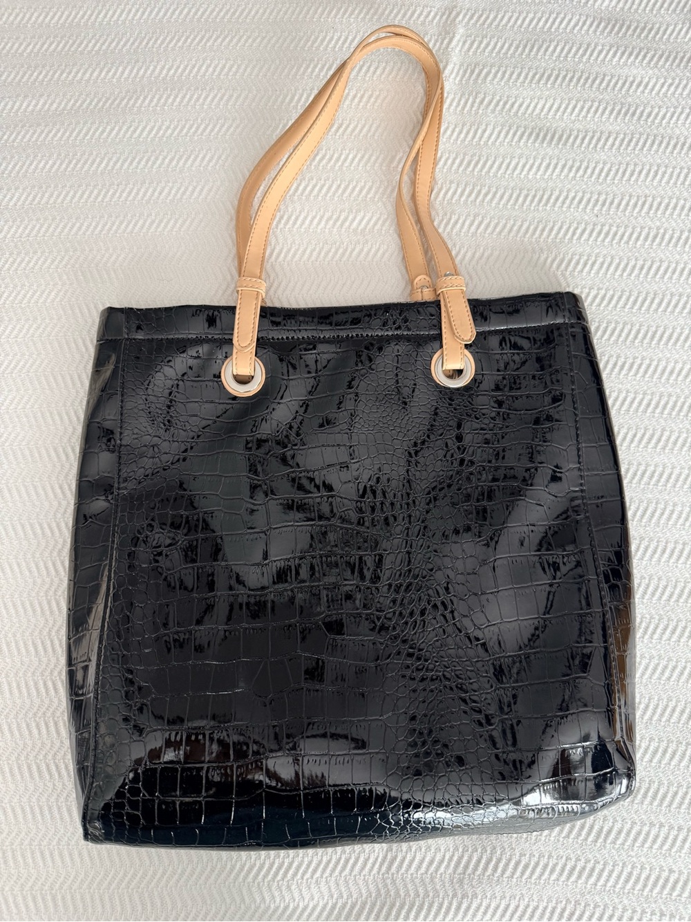 Jessica Black Croc-Embossed Tote with Tan Handles